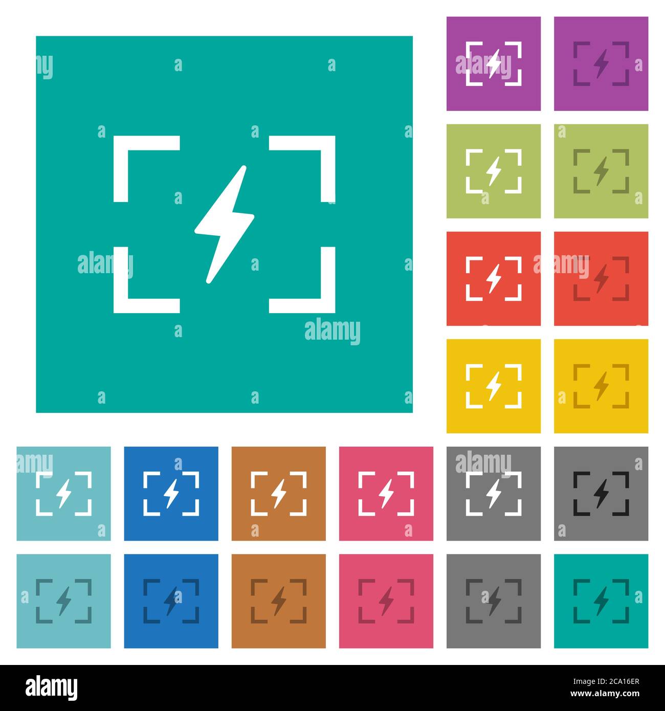 Modalità flash della fotocamera icone piatte multicolore su sfondi quadrati. Incluse variazioni delle icone bianche e più scure per il passaggio del mouse o gli effetti attivi. Illustrazione Vettoriale