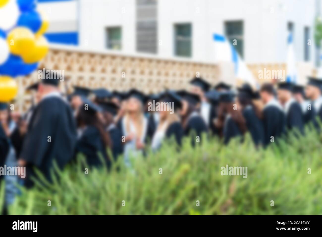 Immagine offuscata studenti universitari alla cerimonia di laurea.Gruppo felici più razze studenti in tavole di Malta e abiti di laurea outdor. Foto Stock