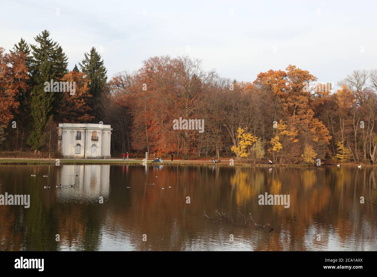 Muenchen, Bayern/ Germania - 10 2012 novembre: Parco vicino al castello di Nyhmphenburg a Monaco, bella giornata d'autunno con foglie colorate Foto Stock
