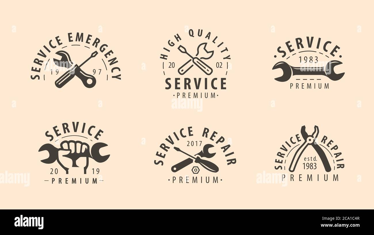 Simbolo o logo del servizio. Intervento di riparazione, concetto di manutenzione Illustrazione Vettoriale