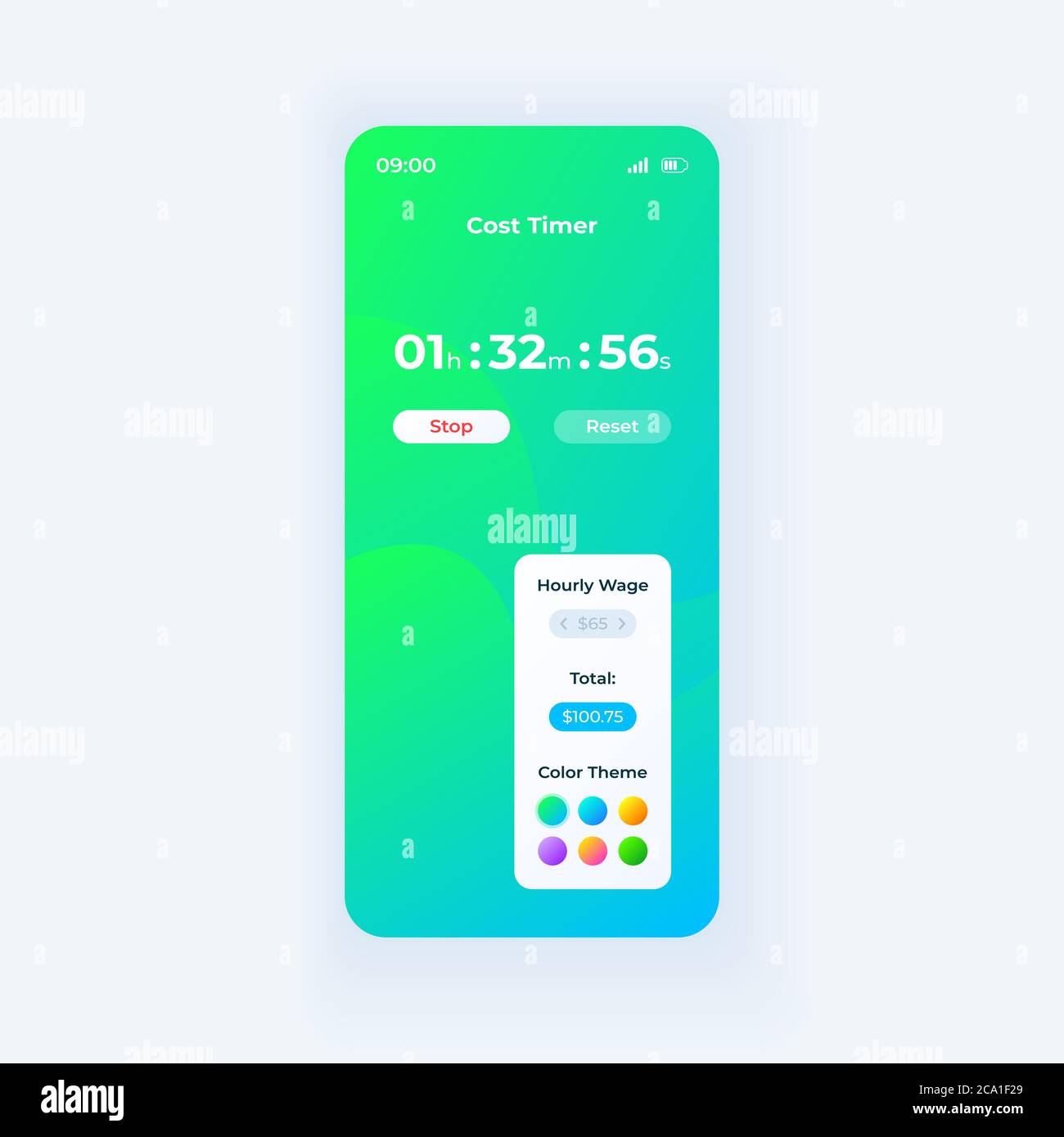 Modello vettoriale dell'interfaccia per smartphone dell'app Cost Timer. Layout di progettazione della modalità giorno della pagina dell'app mobile. Funzione contatore salari sullo schermo. Interfaccia utente piatta per l'applicazione Illustrazione Vettoriale