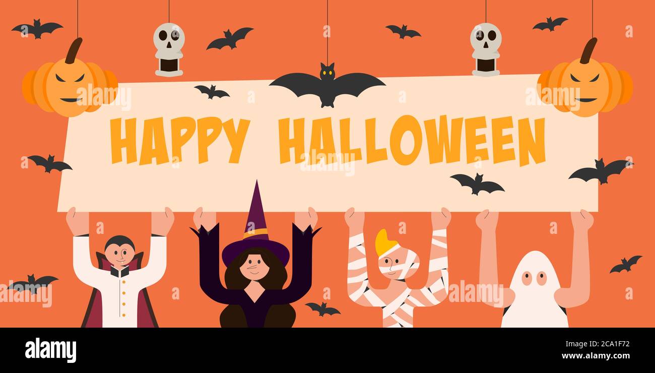 I bambini in costume di Halloween portano la bandiera felice di Halloween con la zucca decorata, il cranio e il pipistrello. Illustrazione Vettoriale