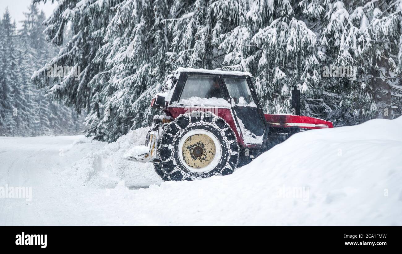 Trattore che rimuove la neve dalle grandi sponde della neve vicino alla strada forestale, dopo la bizzarda in inverno Foto Stock
