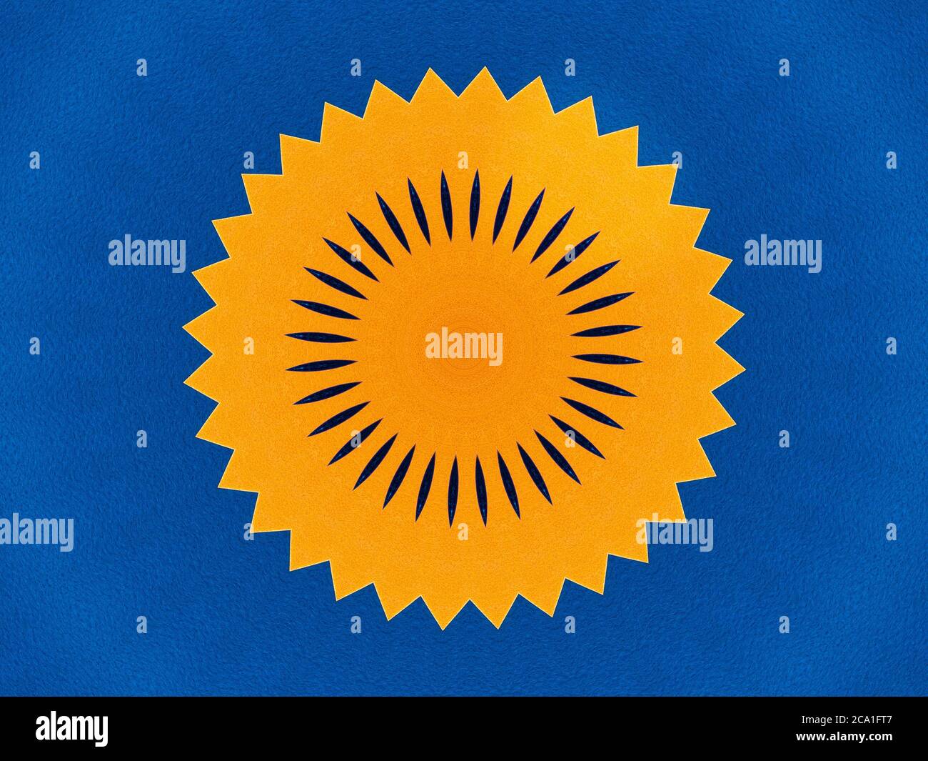 Icona del sole arancione su sfondo blu. Foto a soffitto con spazio per la copia. Foto Stock