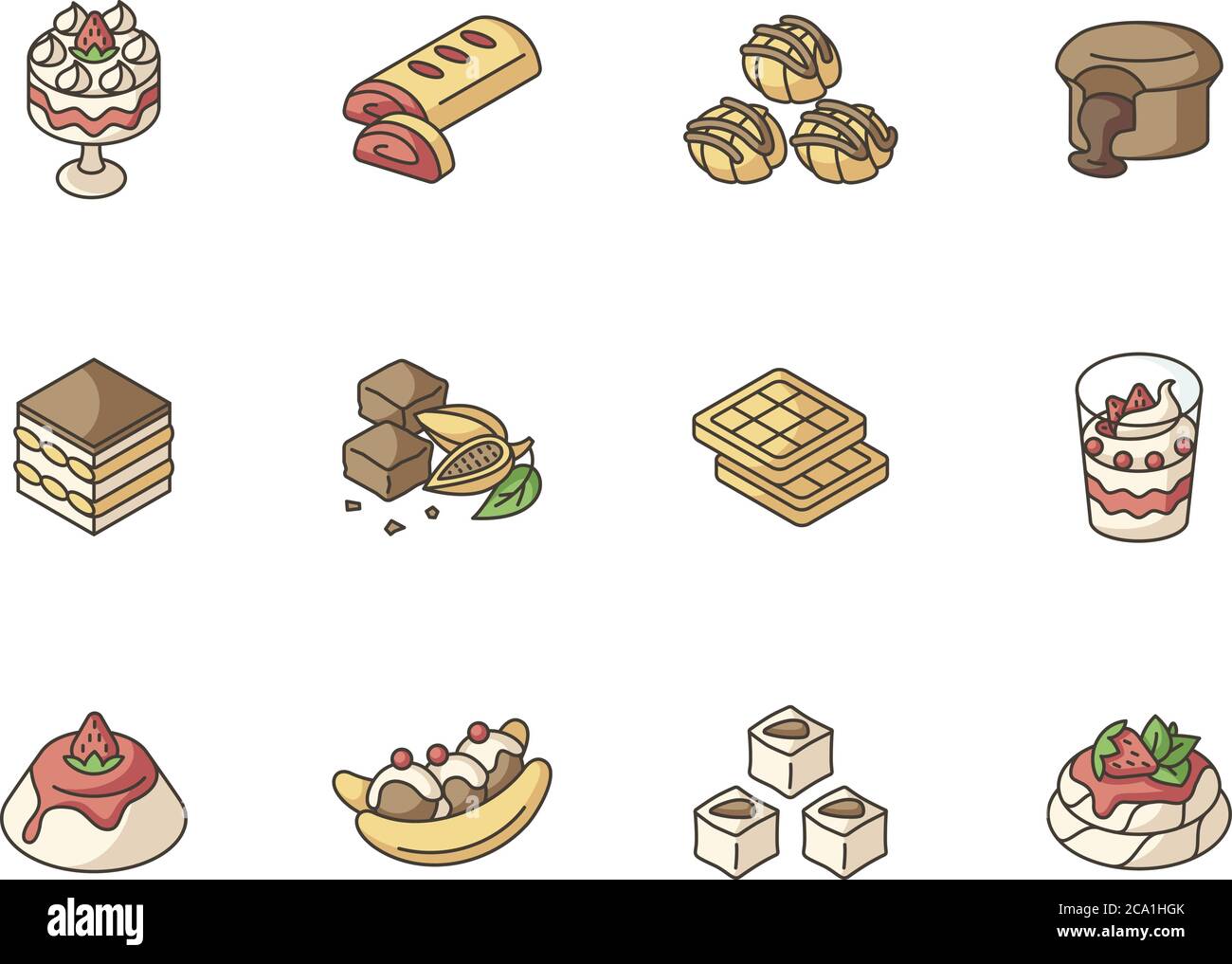Set di icone di colori RGB per dessert famosi in tutto il mondo. Dolci tradizionali. Delizia turca. Torta di lava al cioccolato. Brownie. Tiramisù. Autentico cibo dolce. Europa Illustrazione Vettoriale
