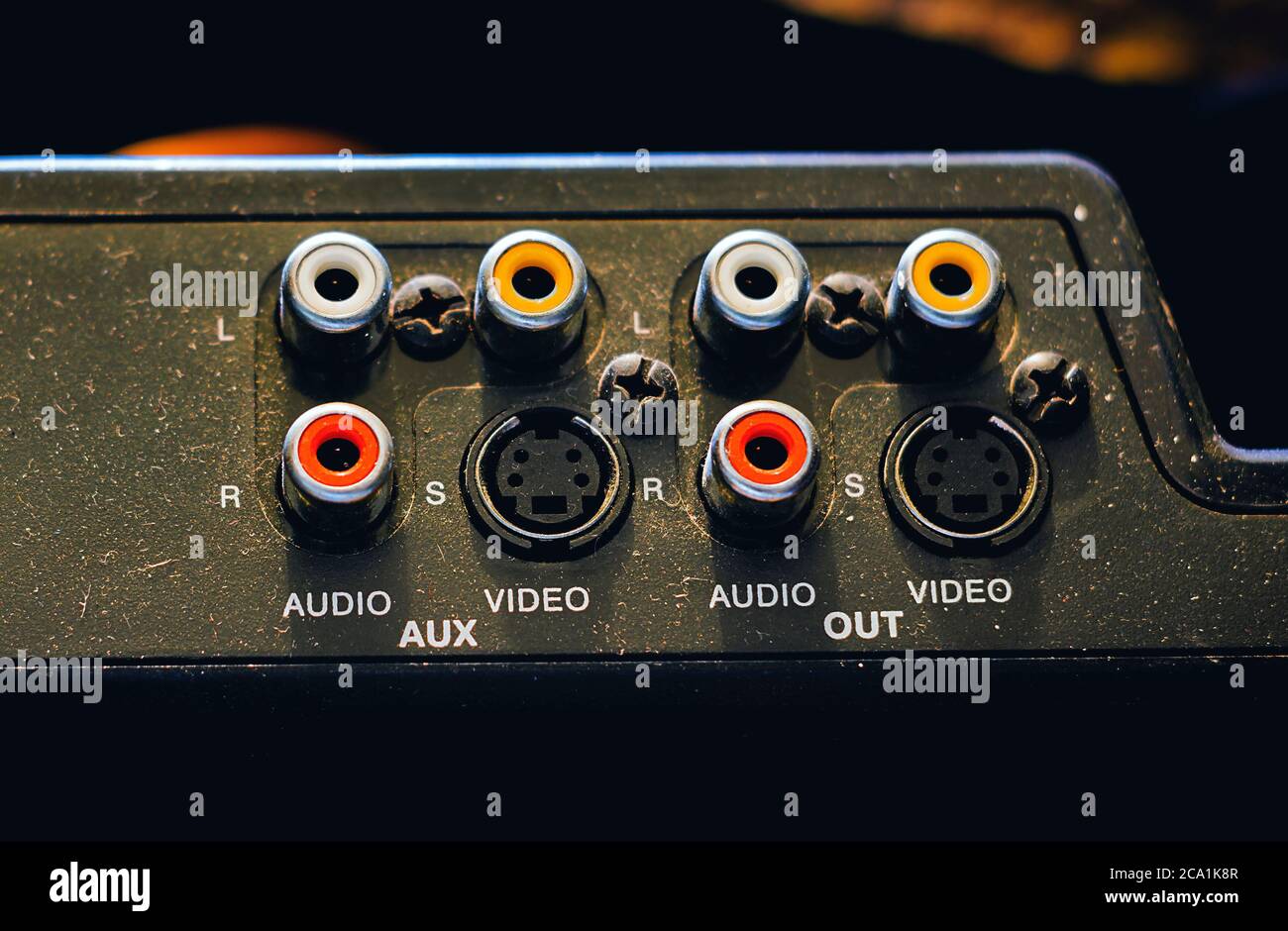 un pannello di controllo con i vecchi connettori audio e video analogici. Connettori audio RCA rosso e bianco e connettori S-Video. Uscite audio e video. Foto Stock