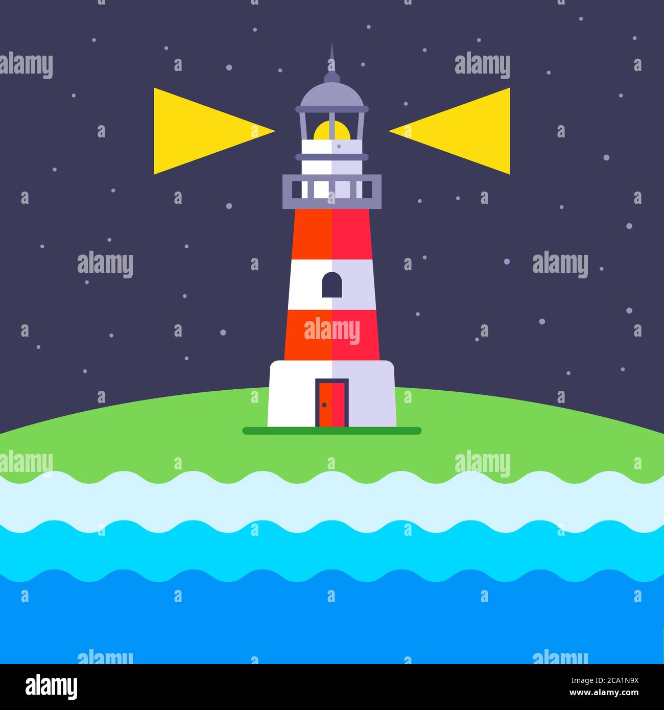 un faro splende di notte per guidare le navi. flat vettore illustrazione. Illustrazione Vettoriale