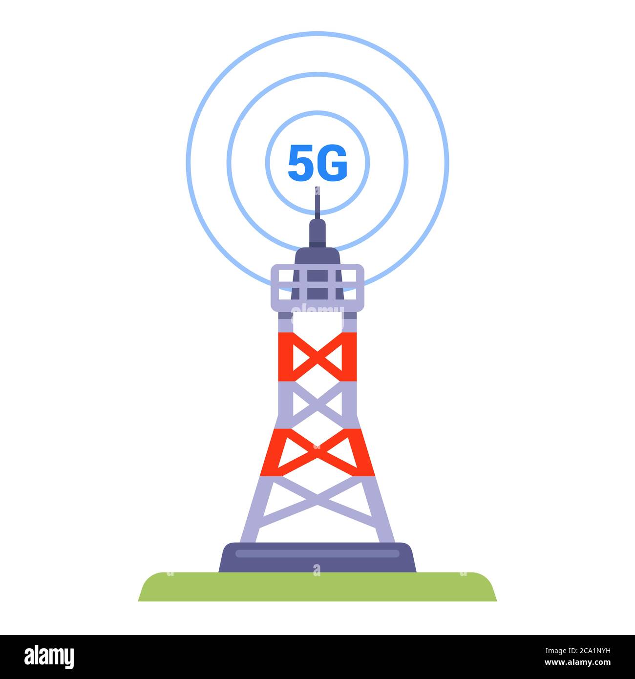 Torre 5G su sfondo bianco. Internet ad alta velocità di nuova generazione. Illustrazione vettoriale piatta. Illustrazione Vettoriale