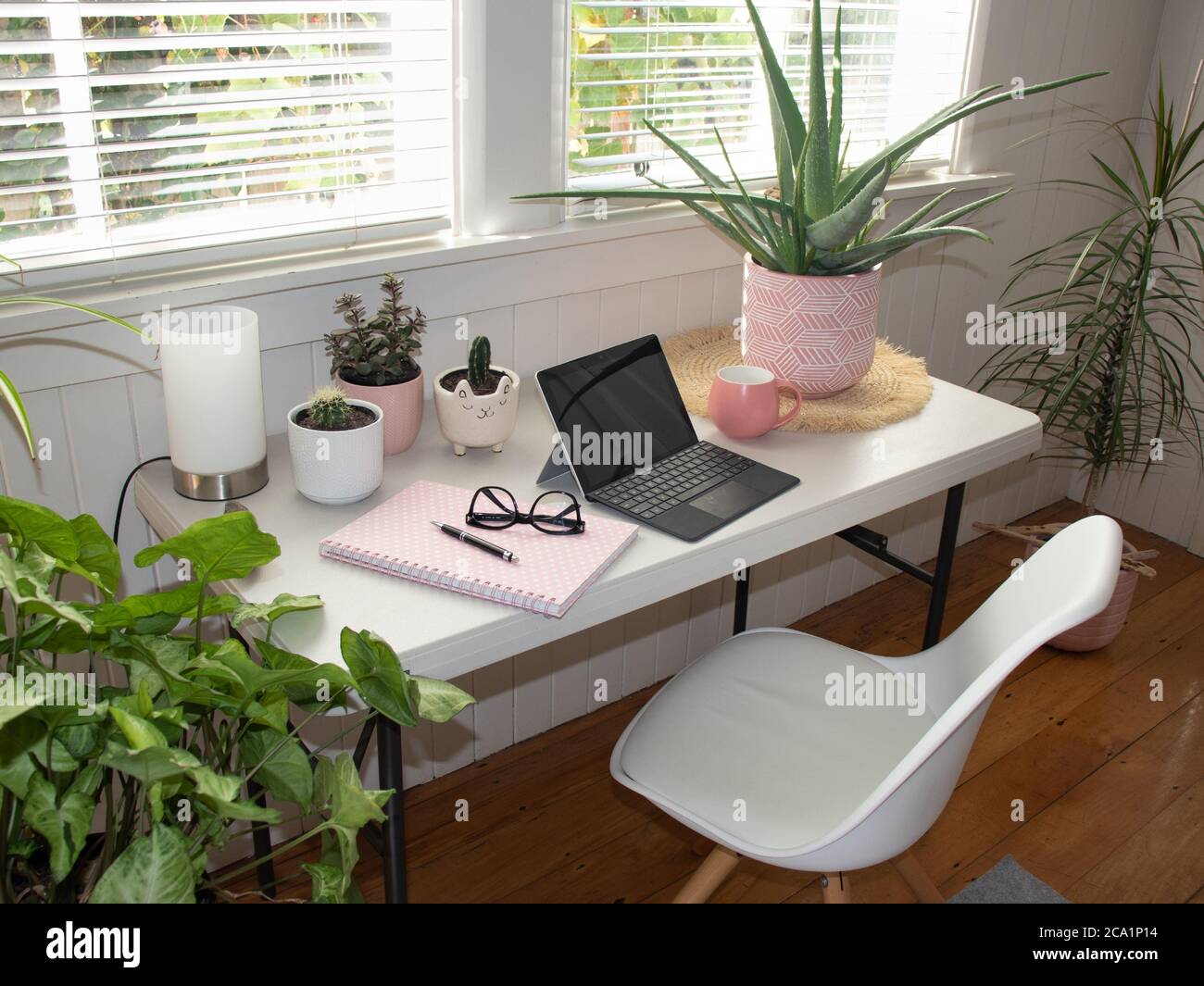 tavolo in bianco interno casa ufficio con computer portatile e. piante in vaso e sedia bianca Foto Stock