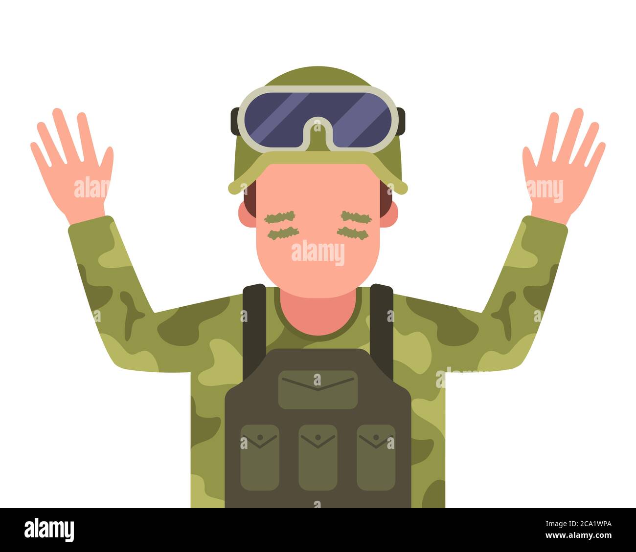 un soldato catturato alza le mani e si arrende. Illustrazione vettoriale a caratteri piatti. Illustrazione Vettoriale