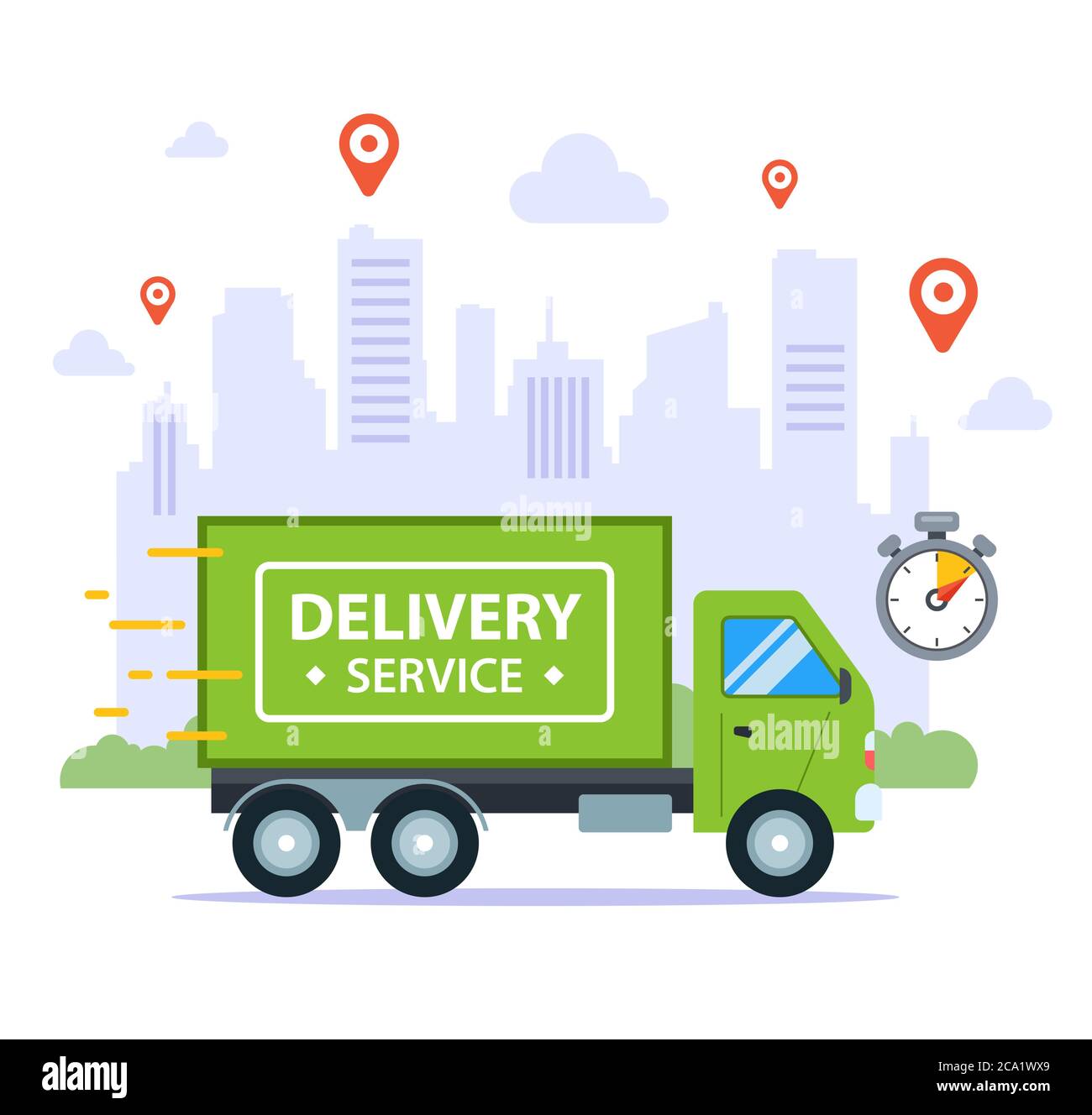 consegna rapida in camion, sullo sfondo della città. tempo di individuazione. illustrazione vettoriale piatta Illustrazione Vettoriale