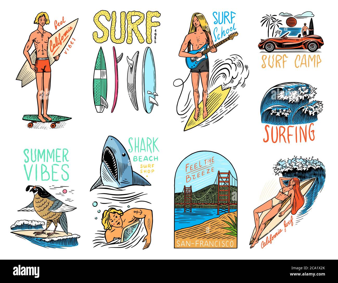 Badge Surf, logo Vintage Surfer. Onda retro e palmo. Set di pin per la California estiva. Uomo sulla tavola da surf, spiaggia e mare. Emblema inciso disegnato a mano Illustrazione Vettoriale