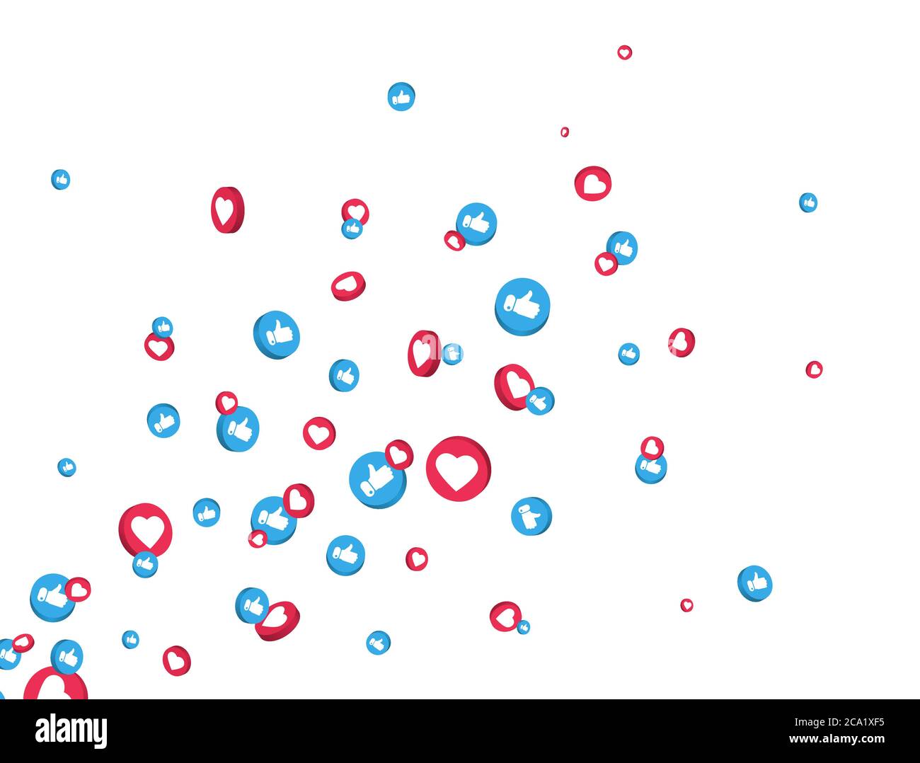 Le icone mi piace e pollici si tuffano su sfondo bianco. simbolo del social network 3d. Frame di notifica contatore. Elementi dei social media. Reazioni di emoji. VEC Illustrazione Vettoriale