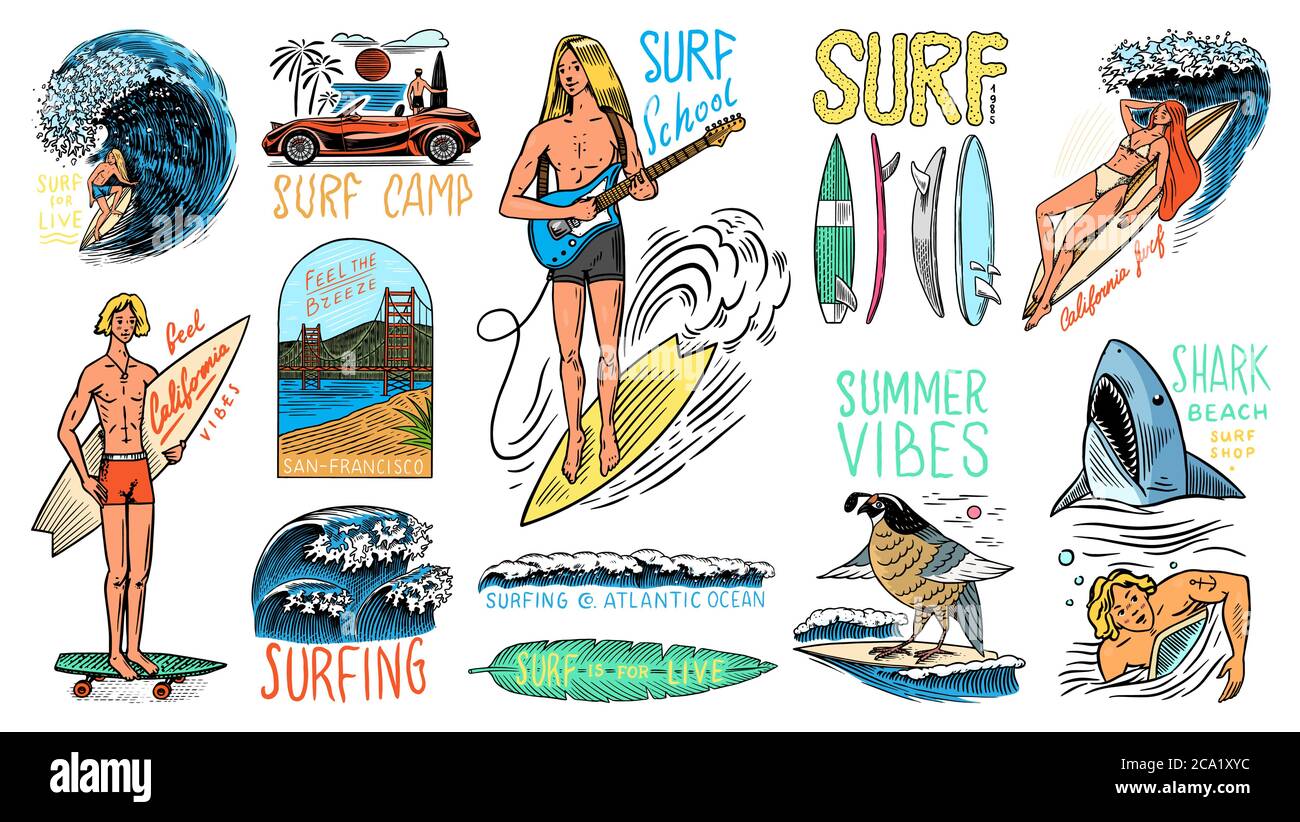 Badge Surf, logo Vintage Surfer. Onda retro e palmo. Set di pin per la California estiva. Uomo sulla tavola da surf, spiaggia e mare. Emblema inciso disegnato a mano Illustrazione Vettoriale