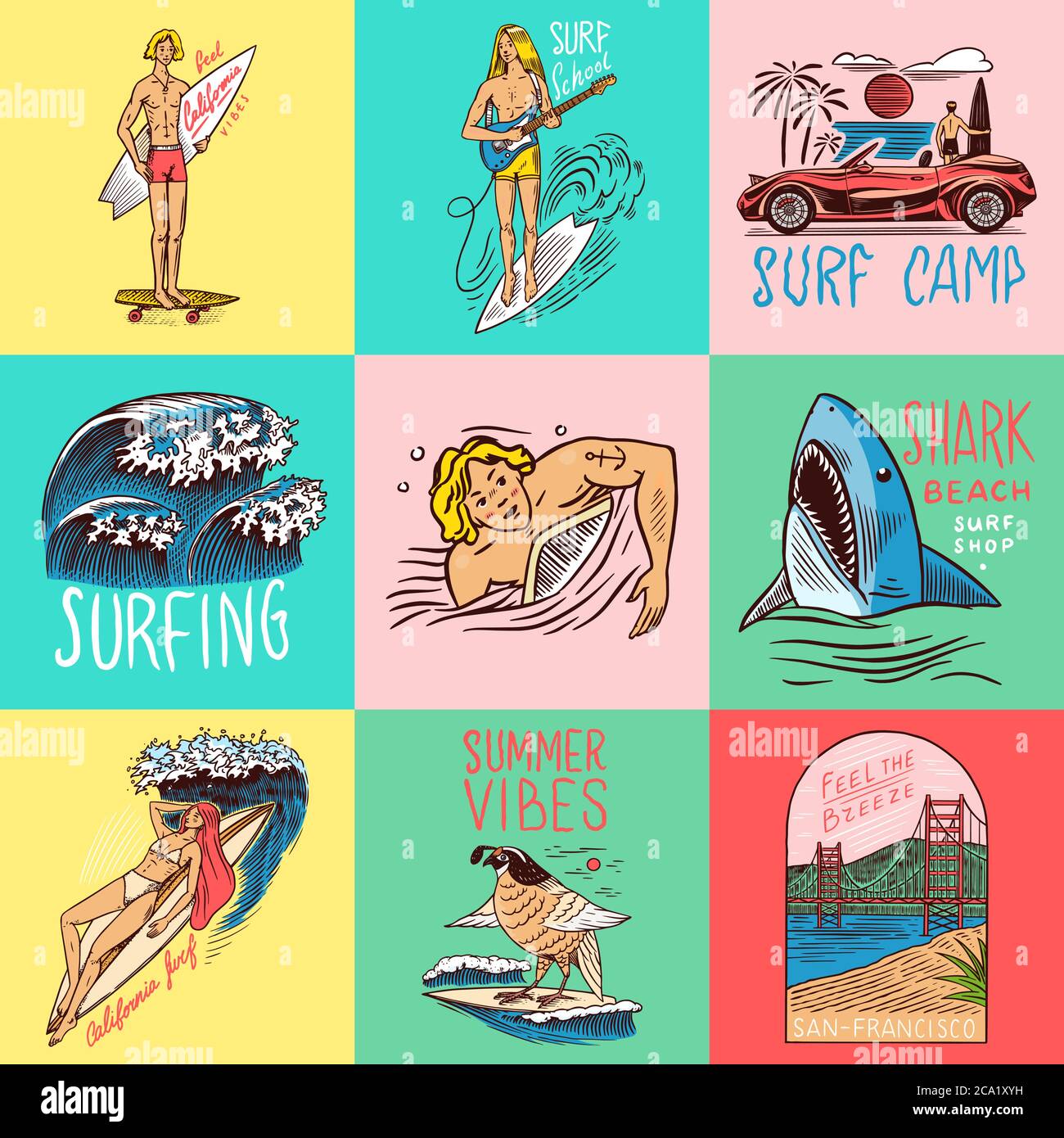 Badge Surf, logo Vintage Surfer. Onda retro e palmo. Set di pin per la California estiva. Uomo sulla tavola da surf, spiaggia e mare. Emblema inciso disegnato a mano Illustrazione Vettoriale