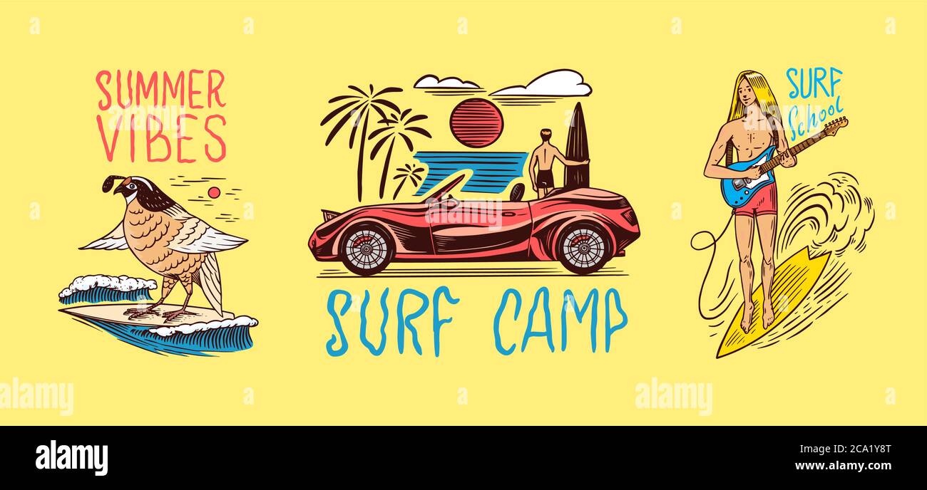 Badge Surf, logo Vintage Surfer. Retro Wave, uomo sulla tavola da surf, auto e mare e uccello. Emblema inciso disegnato a mano. Banner o poster. Sport in Illustrazione Vettoriale