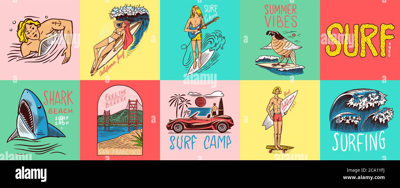 Badge Surf, logo Vintage Surfer. Onda retro e palmo. Set di pin per la California estiva. Uomo sulla tavola da surf, spiaggia e mare. Emblema inciso disegnato a mano Illustrazione Vettoriale