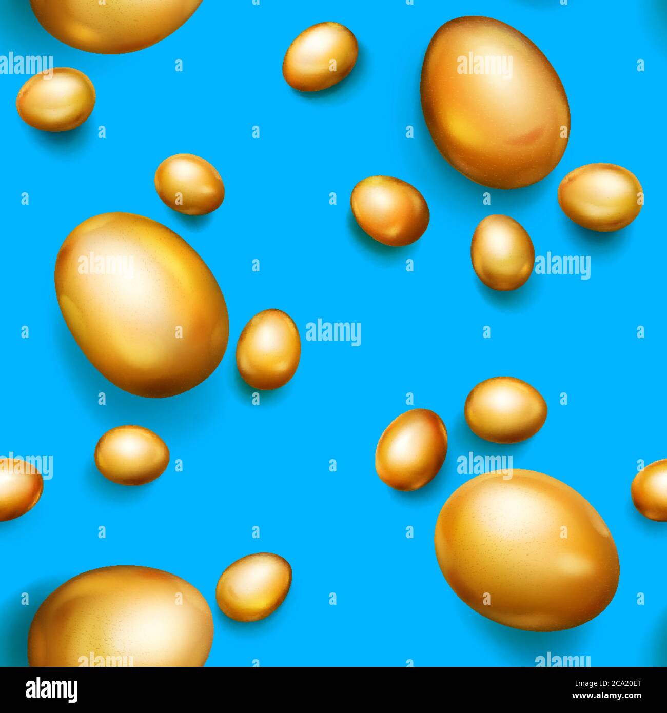 Modello senza cuciture di realistiche uova di Pasqua dorate con ombre su sfondo azzurro Illustrazione Vettoriale