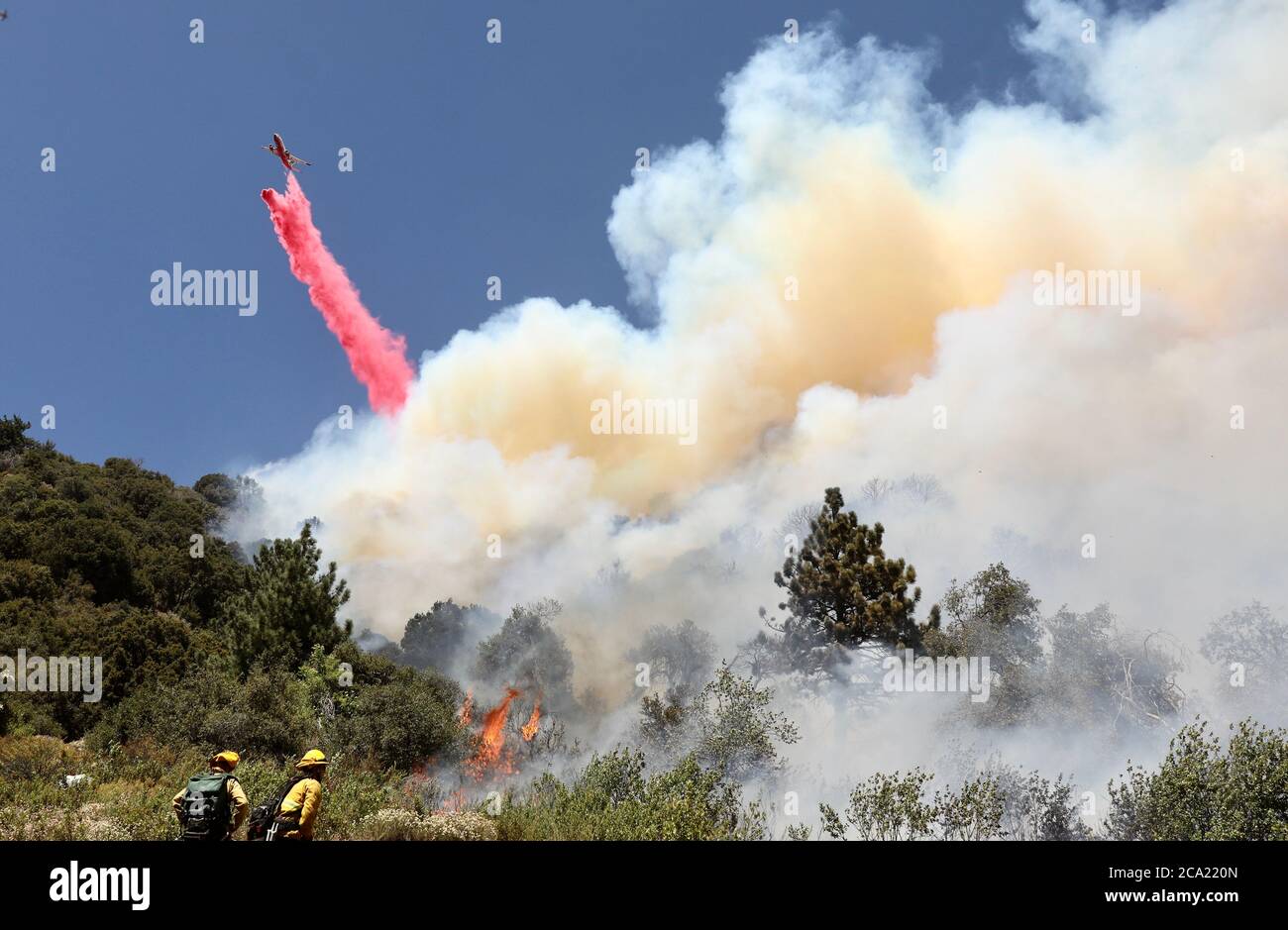 Pechino, Cina. 4 agosto 2020. I vigili del fuoco combattono contro un fuoco selvatico nella contea di Riverside della California meridionale, Stati Uniti, 2 agosto 2020. Il claze, soprannominato 'Apple Fire', ha costretto circa 8,000 residenti locali ad essere evacuati, le autorità hanno detto. L'incendio è iniziato il venerdì sera e ha scortato 20,516 acri (83.1 km quadrati), secondo le ultime informazioni aggiornate dal California Department of Forestry and Fire Protection (Cal Fire). Credit: Xinhua/Alamy Live News Foto Stock