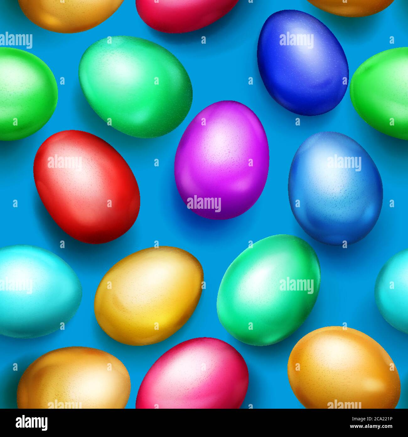 Motivo senza cuciture di uova pasquali dai colori realistici con ombre su sfondo azzurro Illustrazione Vettoriale