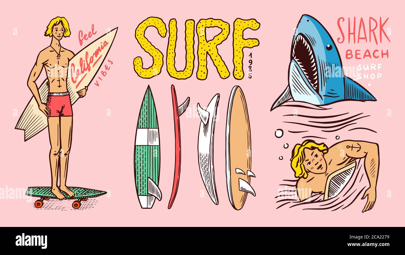 Badge Surf, logo Vintage Surfer. Onda retro e spille estive. Uomo sulla tavola da surf e squalo. Emblema inciso disegnato a mano. Banner o poster. Sport in Illustrazione Vettoriale