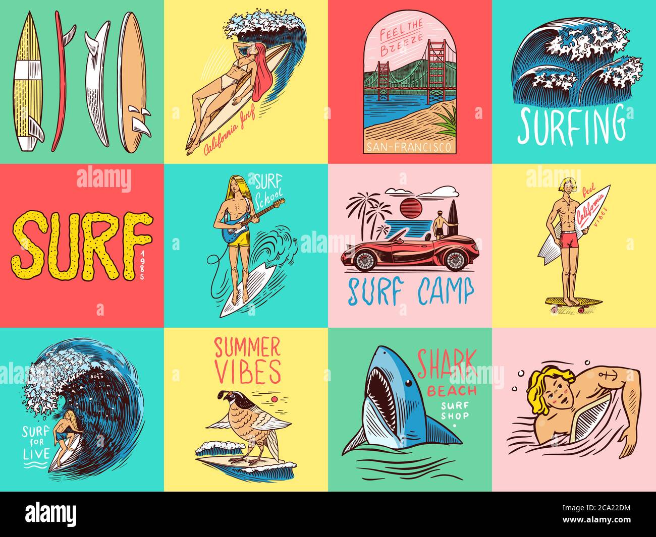 Badge Surf, logo Vintage Surfer. Onda retro e palmo. Set di pin per la California estiva. Uomo sulla tavola da surf, spiaggia e mare. Emblema inciso disegnato a mano Illustrazione Vettoriale