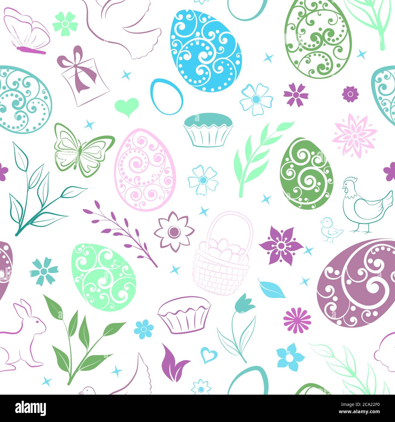 Modello senza cuciture di uova, fiori, torte, galline, pollo e altri simboli pasquali, multicolore su bianco Illustrazione Vettoriale