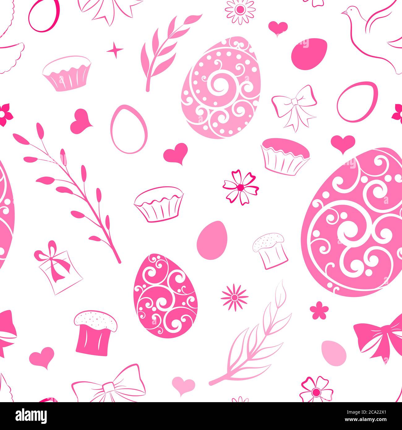 Motivo senza cuciture di uova, fiori, torta, scatola regalo e altri simboli pasquali, rosa su bianco Illustrazione Vettoriale