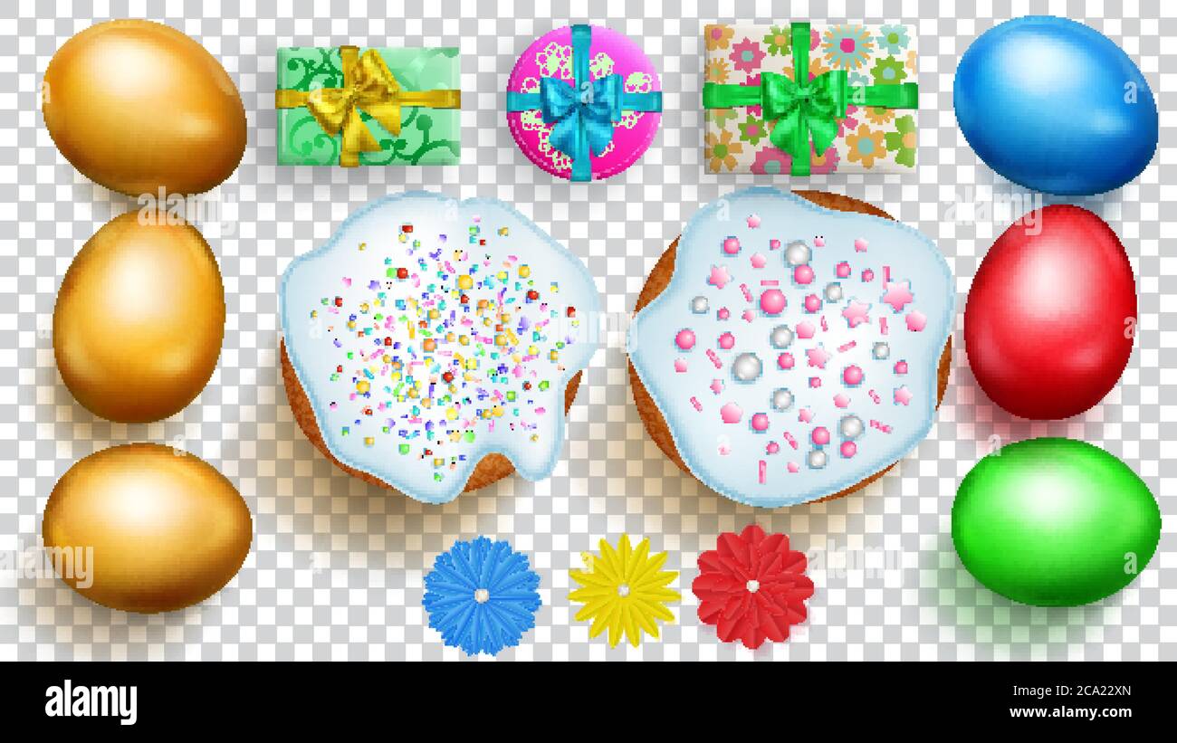 Set di uova, torte, fiori e confezioni regalo di Pasqua realistiche e colorate con ombre morbide su sfondo trasparente Illustrazione Vettoriale