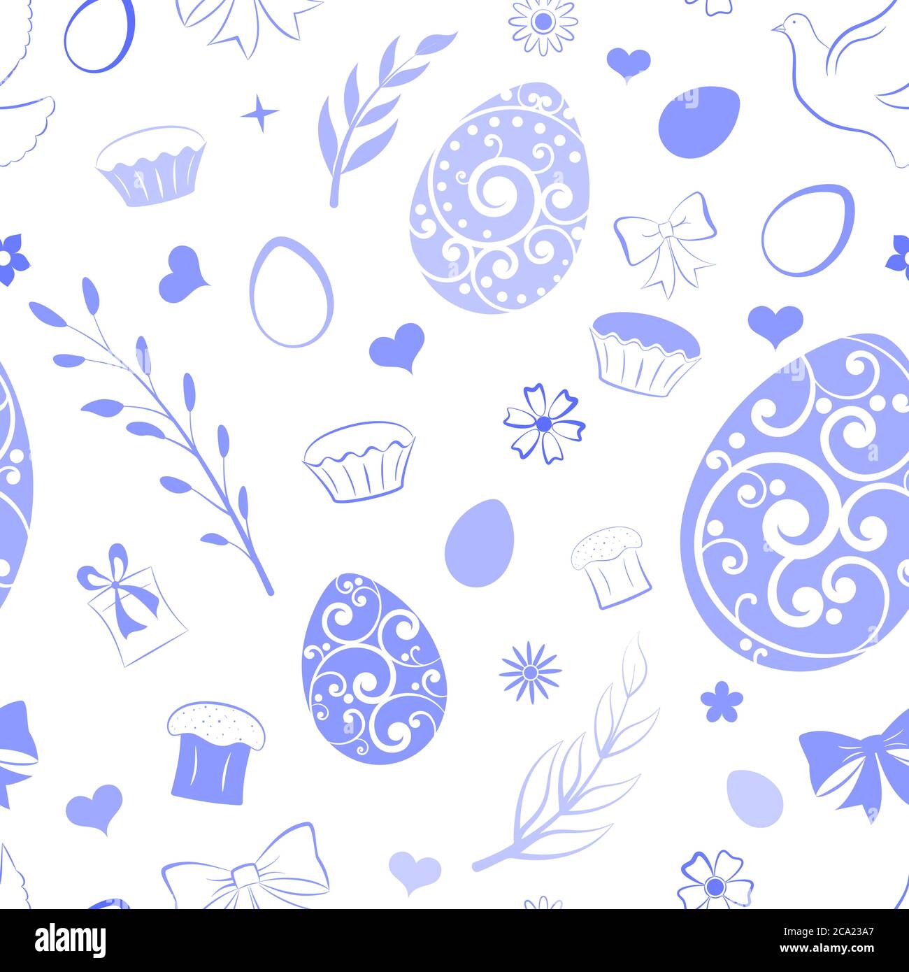 Modello senza cuciture di uova, fiori, torta, scatola regalo e altri simboli pasquali, blu su bianco Illustrazione Vettoriale