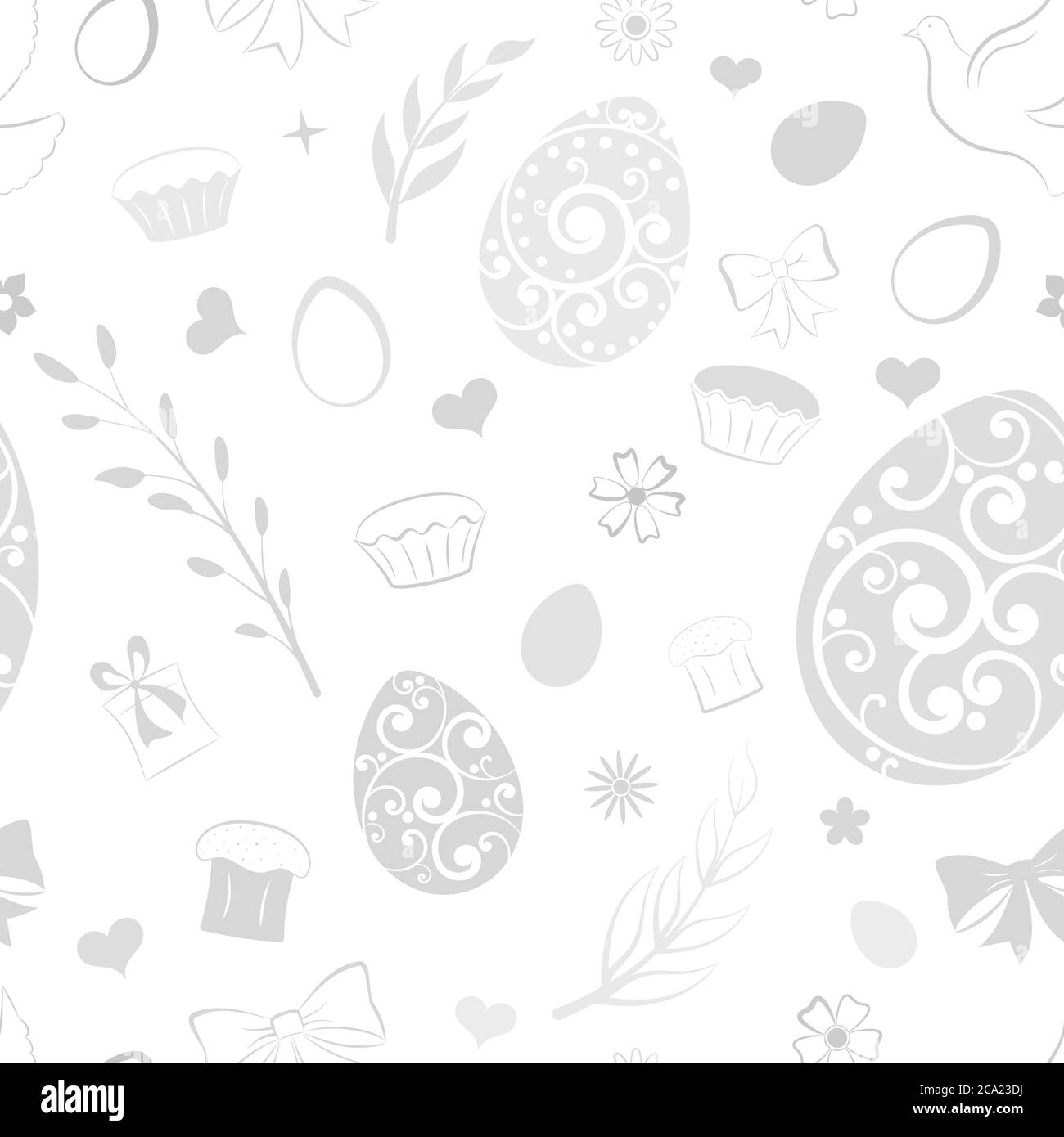 Motivo senza cuciture di uova, fiori, torta, scatola regalo e altri simboli pasquali, grigio su bianco Illustrazione Vettoriale