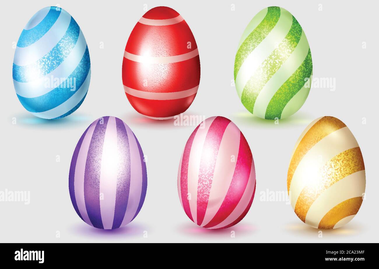 Set di realistiche uova di Pasqua multicolore con smalti, strisce chiare e ombre morbide su sfondo bianco Illustrazione Vettoriale