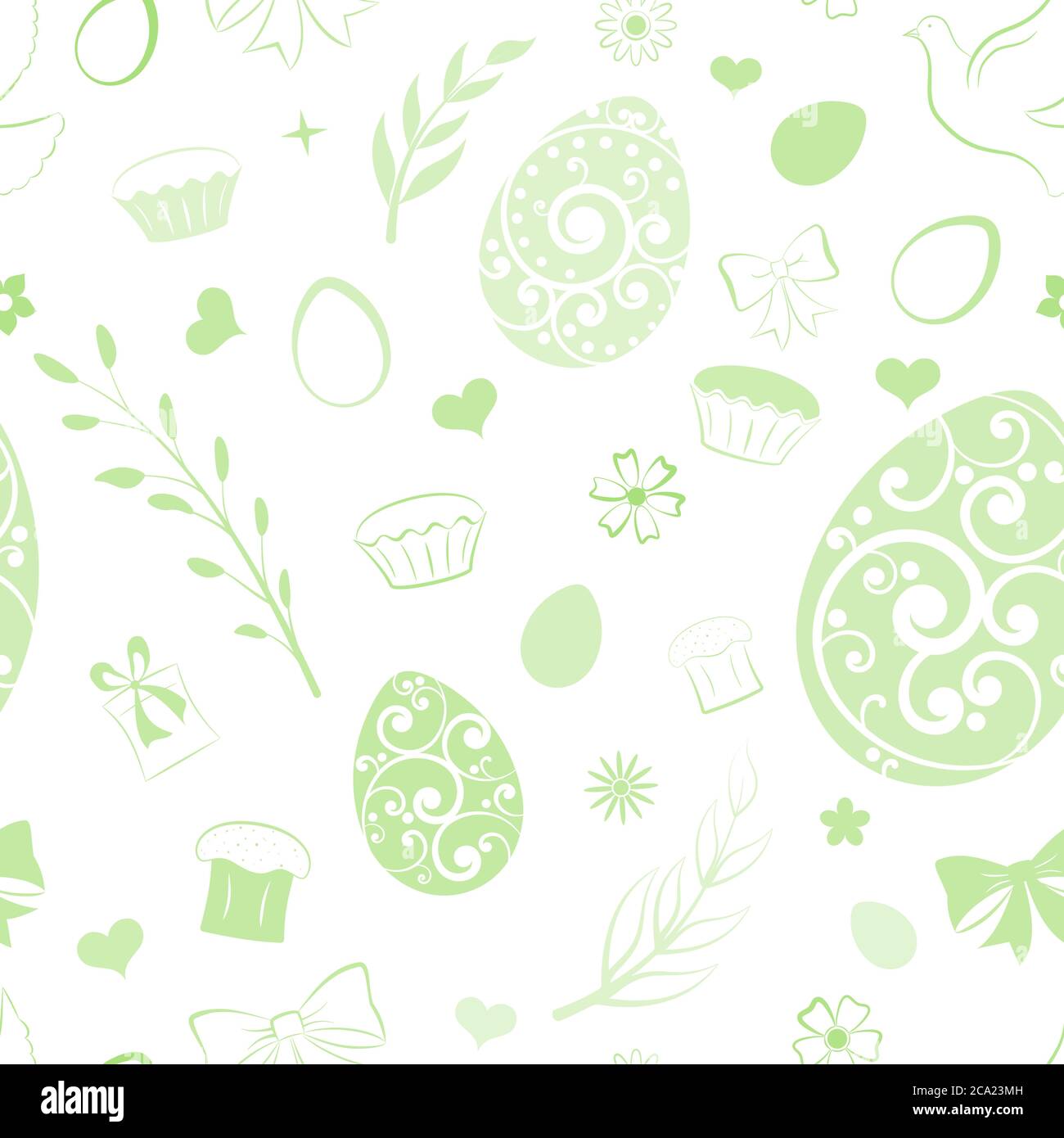 Motivo senza cuciture di uova, fiori, torta, scatola regalo e altri simboli pasquali, verde chiaro su bianco Illustrazione Vettoriale
