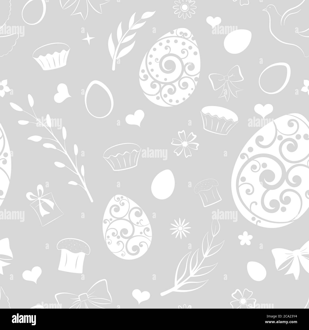 Motivo senza cuciture di uova, fiori, torta, scatola regalo e altri simboli pasquali, bianco su grigio Illustrazione Vettoriale