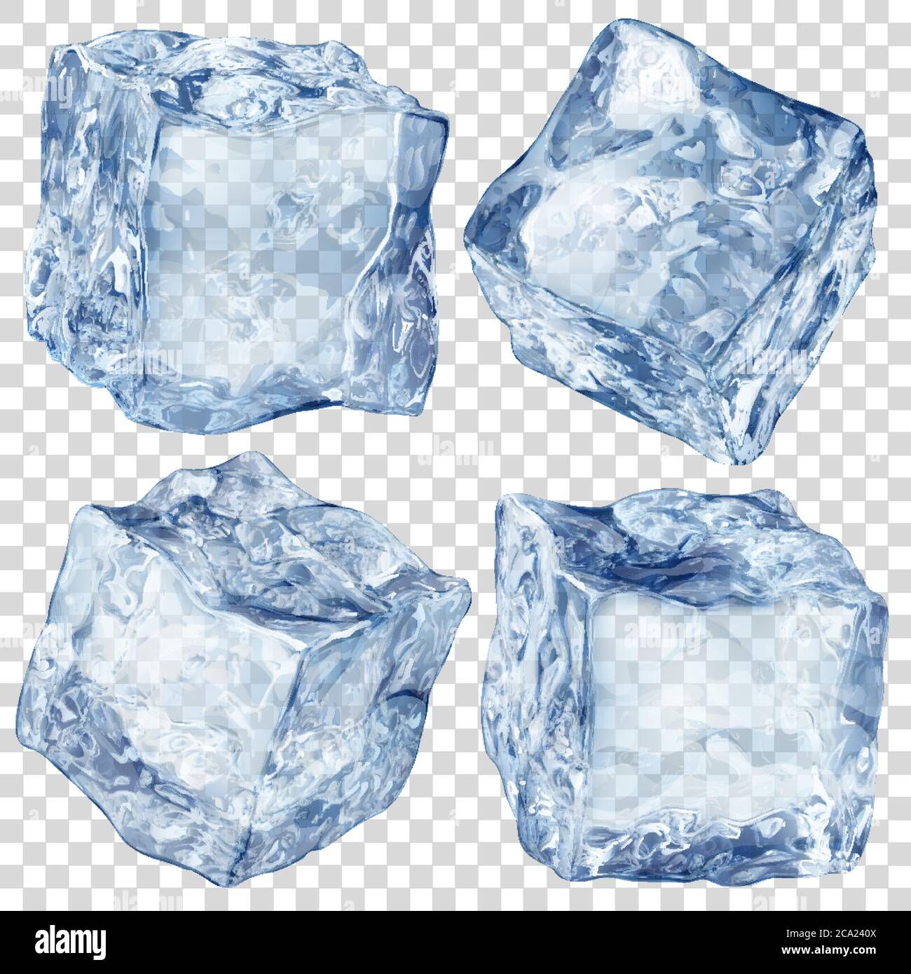 Set di quattro cubetti di ghiaccio traslucidi realistici di colore blu isolati su sfondo trasparente. Trasparenza solo in formato vettoriale Illustrazione Vettoriale