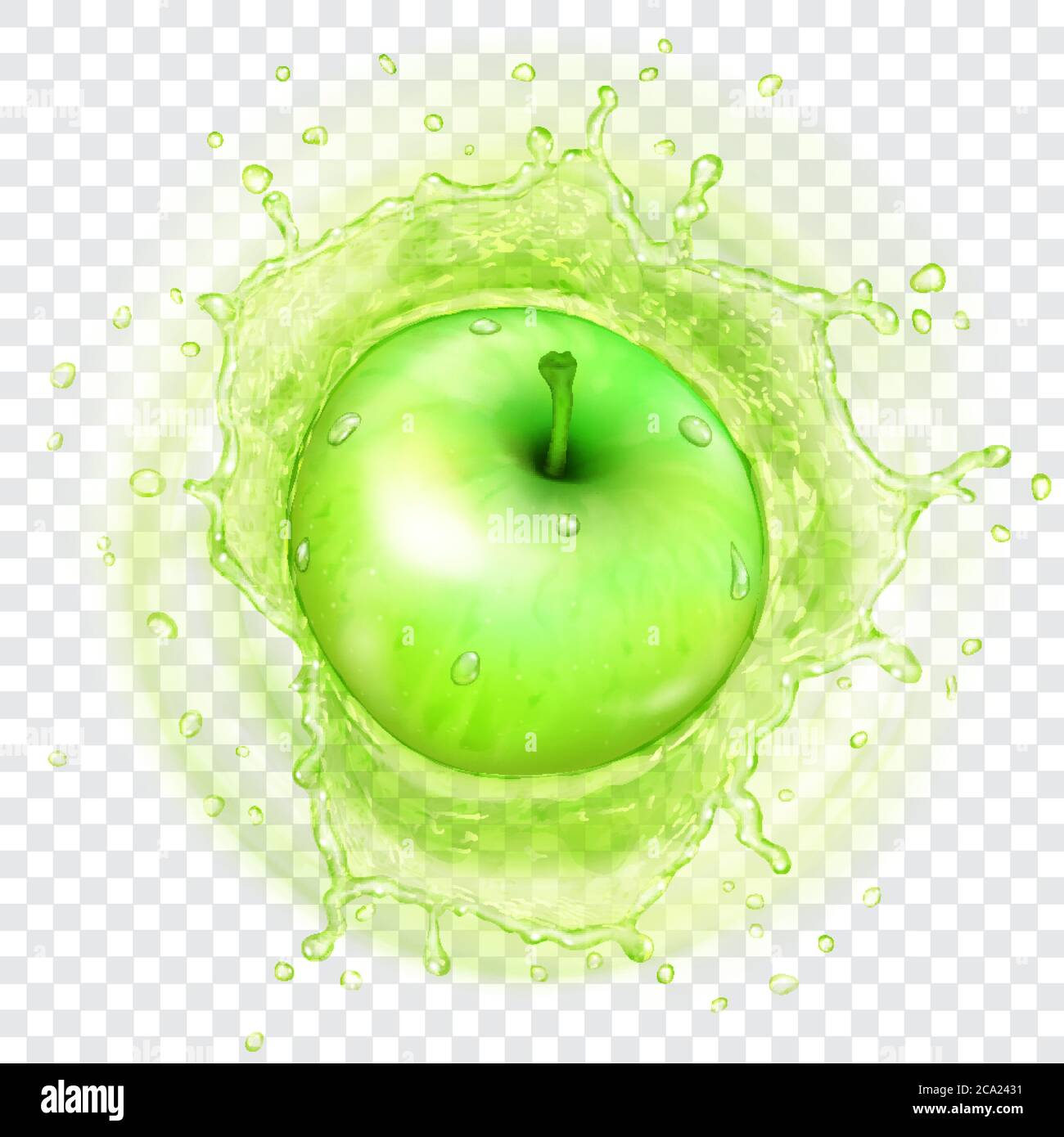 Mela verde che cade nel succo con spruzzi traslucidi di corona d'acqua. Trasparenza solo in formato vettoriale Illustrazione Vettoriale