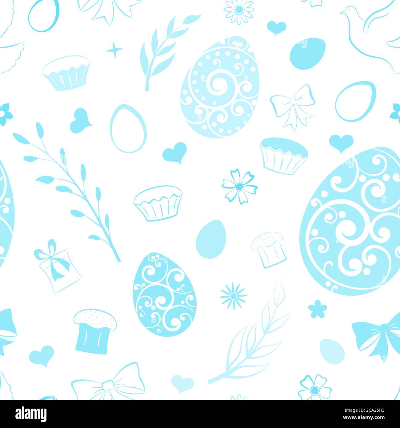 Motivo senza cuciture di uova, fiori, torta, scatola regalo e altri simboli pasquali, azzurro su bianco Illustrazione Vettoriale