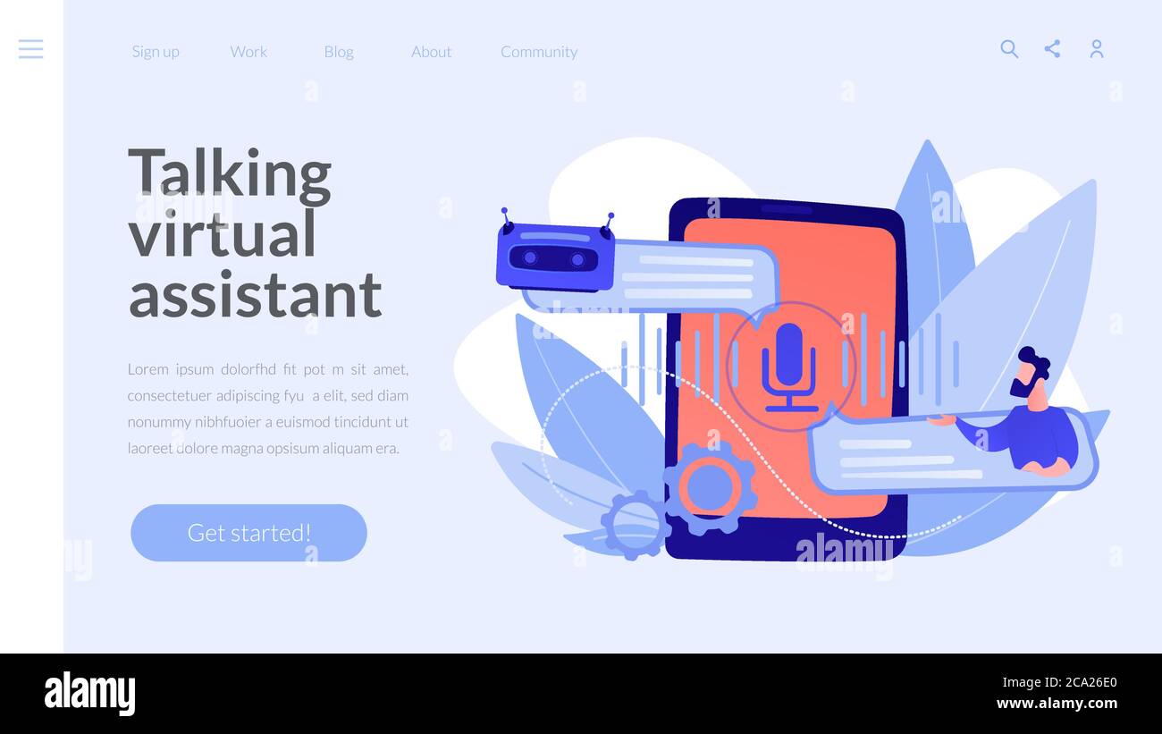 Pagina di destinazione di chatbot con sistema di assistenza virtuale controllato tramite voce. Illustrazione Vettoriale