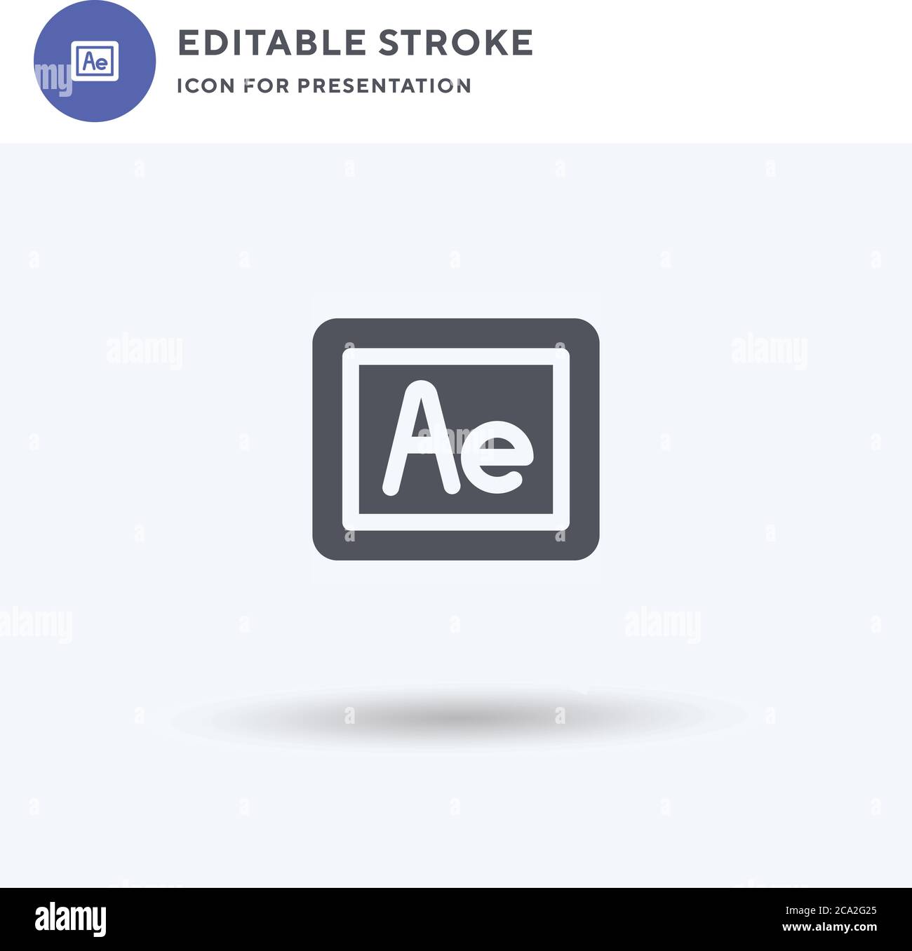 Vettore dell'icona After Effects, segno piatto riempito, pittogramma solido isolato su bianco, illustrazione del logo. Icona After Effects per la presentazione. Illustrazione Vettoriale