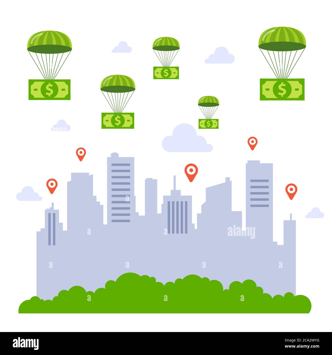 risparmio economico con denaro pubblico. denaro che cade sulla città da paracadute. flat vettore illustrazione. Illustrazione Vettoriale