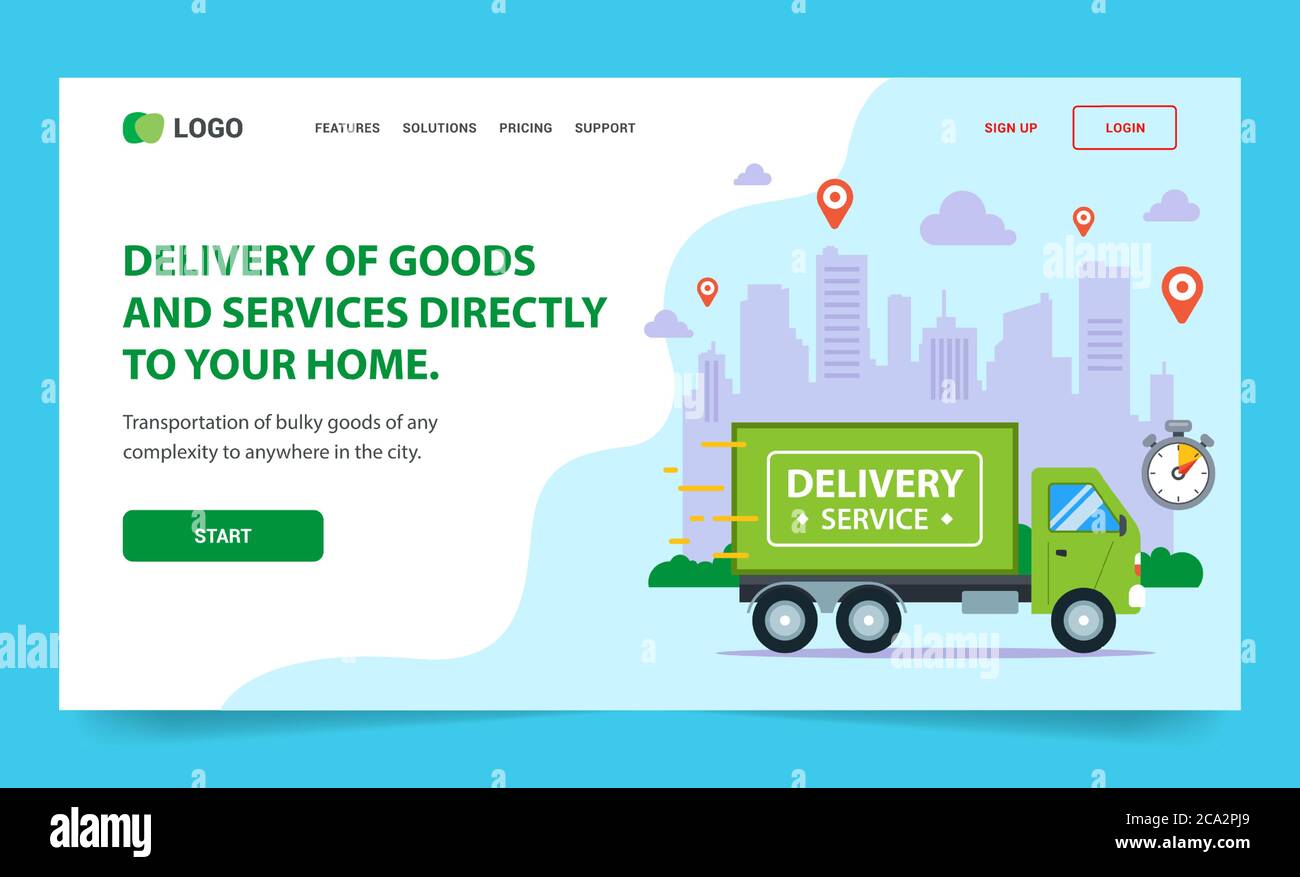 Atterraggio consegna veloce delle merci intorno alla città. Pagina Web vettoriale piatta. Illustrazione Vettoriale