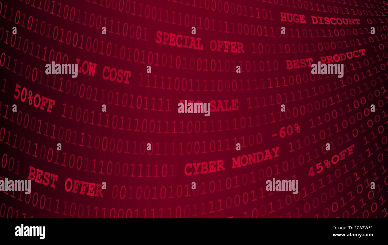 Cyber monday sfondo di zeri, uno e iscrizioni in rosso Illustrazione Vettoriale