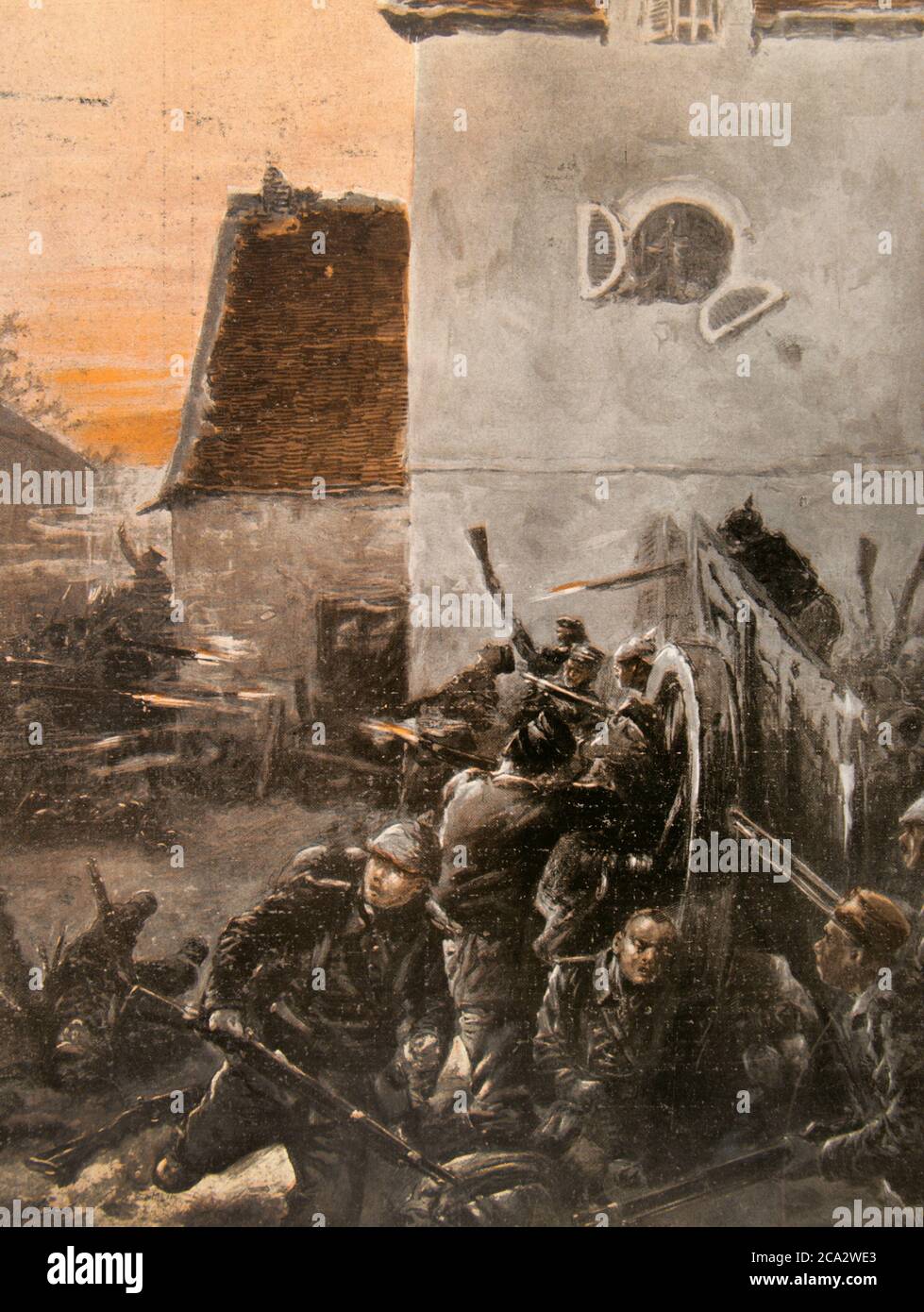 Prima guerra mondiale (1914-1918). Il ritiro tedesco dalla Marna, 1915. Truppe tedesche sorpresero dagli inglesi (Alleati) all'alba il 7 settembre 1915 in una fattoria, vicino a Petit Morin. Per diverse ore difesero eroicamente. Illustrazione. La Esfera (la sfera), 1915. Foto Stock