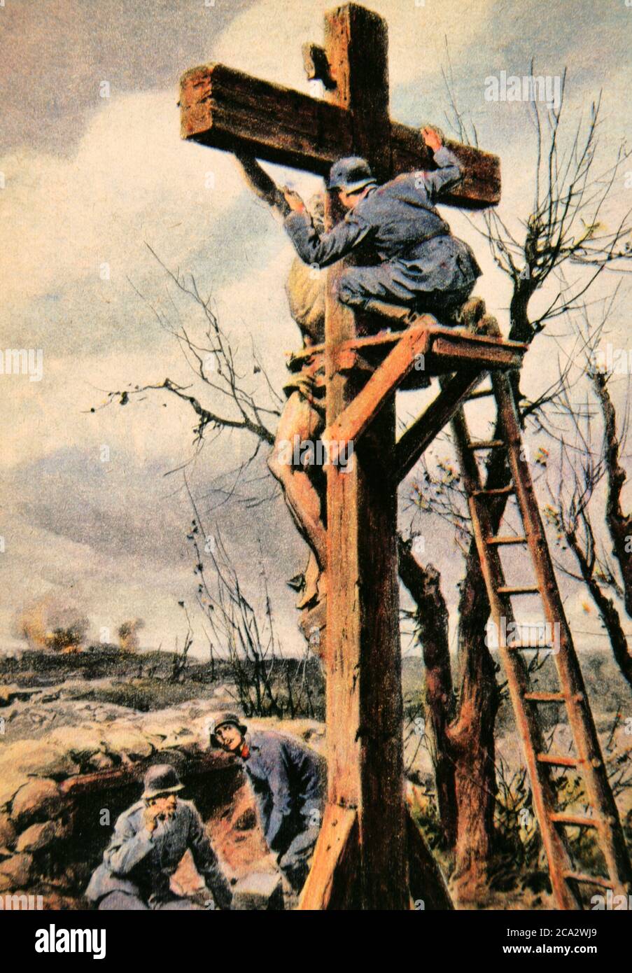 I Guerra Mondiale (1914-1918). I sacrilegi degli Unni. Come i tedeschi avevano nascosto un posto di osservazione dietro una grande croce, sapendo che il nemico avrebbe rispettato il simbolo del cristianesimo. Illustrazione di Achille Beltrame (1871-1945). La Domenica del Corriere, 1918. Foto Stock