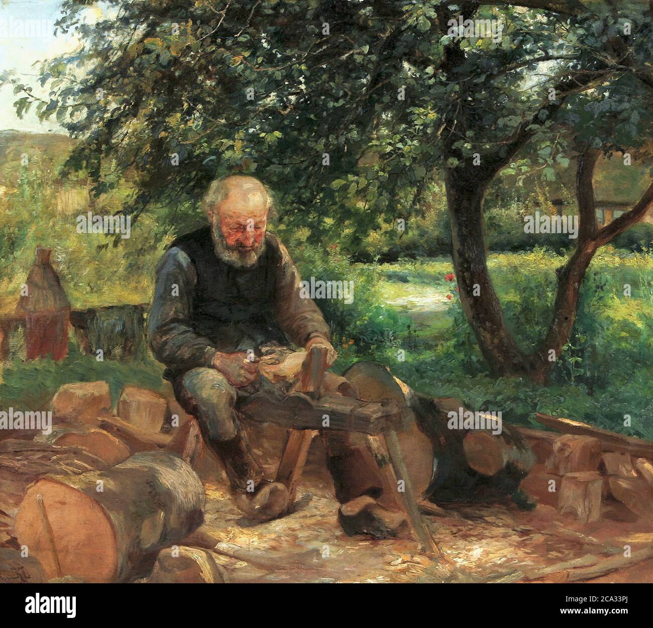 Larsen Knud - esterno del giardino con un Bootmaker al lavoro - Scuola Danese - 19 e 20 ° secolo Foto Stock