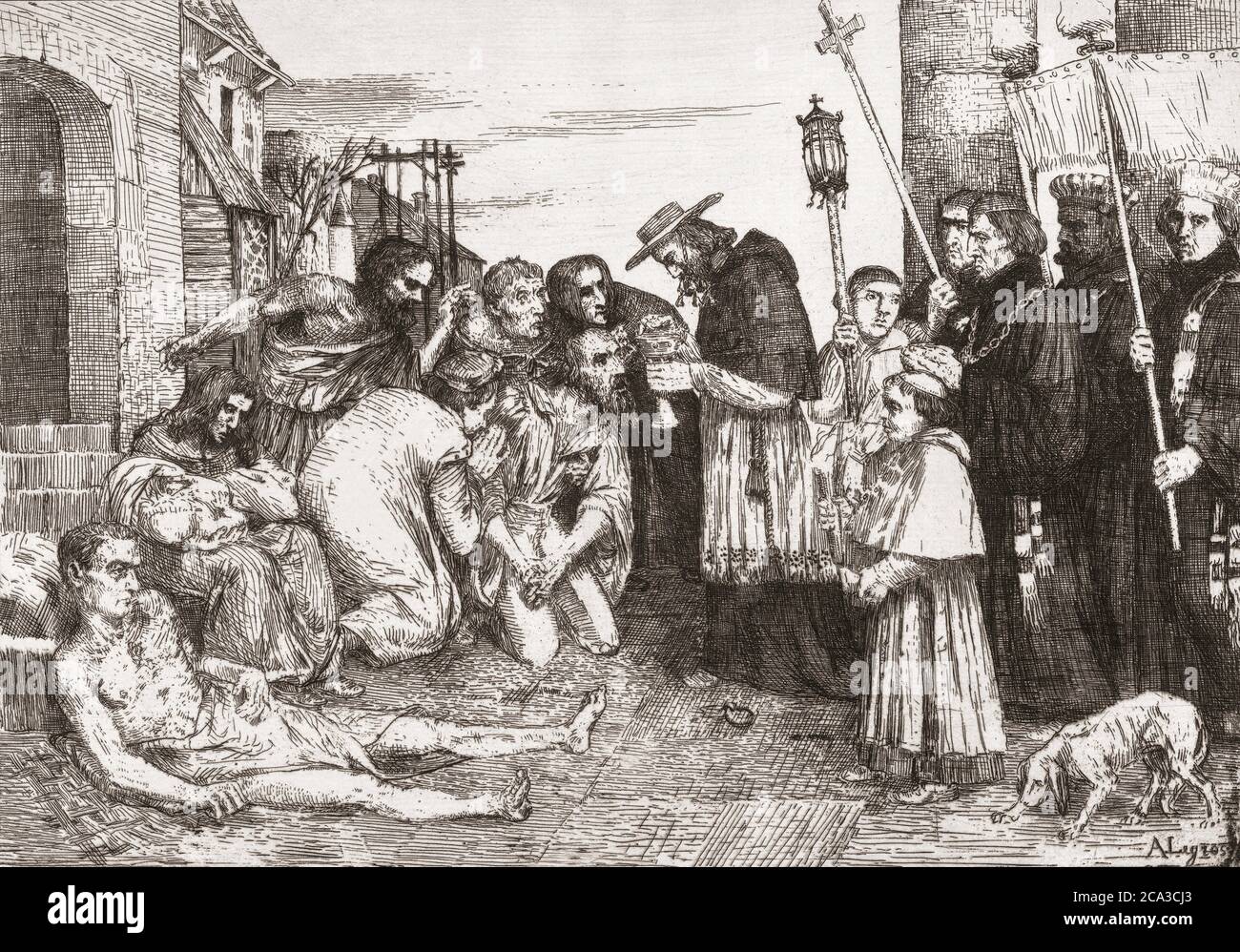 Le vittime della peste di Roma, dopo un'incisione dell'artista francese Alphonse Legros, 1837 - 1911. Le persone colpite dalla peste ricevono l'ultimo Foto Stock