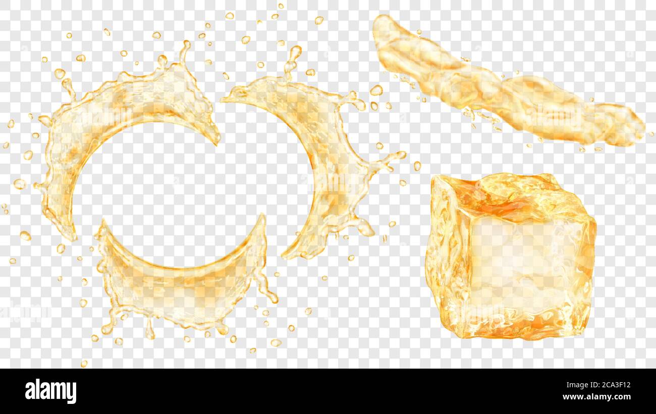 Set di schizzi d'acqua semircolari traslucidi con gocce, getto di liquido e cubetto di ghiaccio di colore giallo, isolati su sfondo trasparente. Transparen Illustrazione Vettoriale