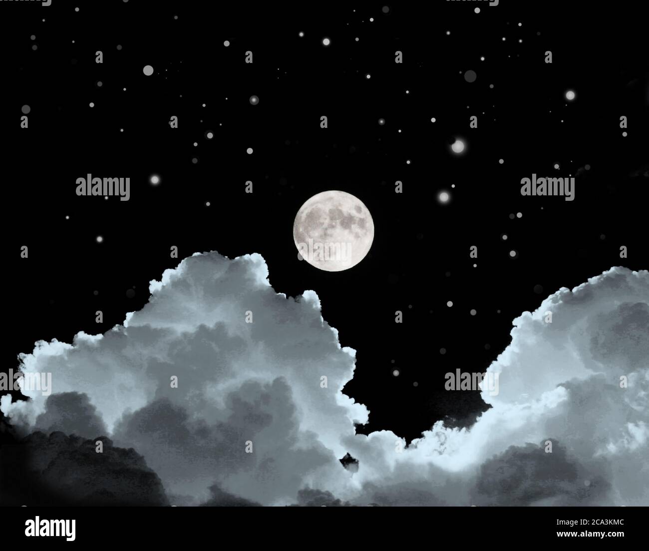 Stelle e nuvole sulla luna piena a mezzanotte Foto Stock