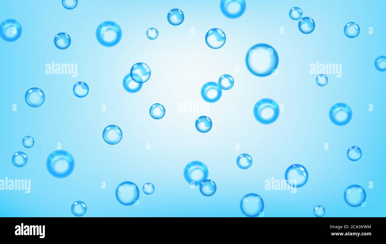 Sfondo di bolle o gocce d'acqua di diverse dimensioni in colori blu chiaro Illustrazione Vettoriale
