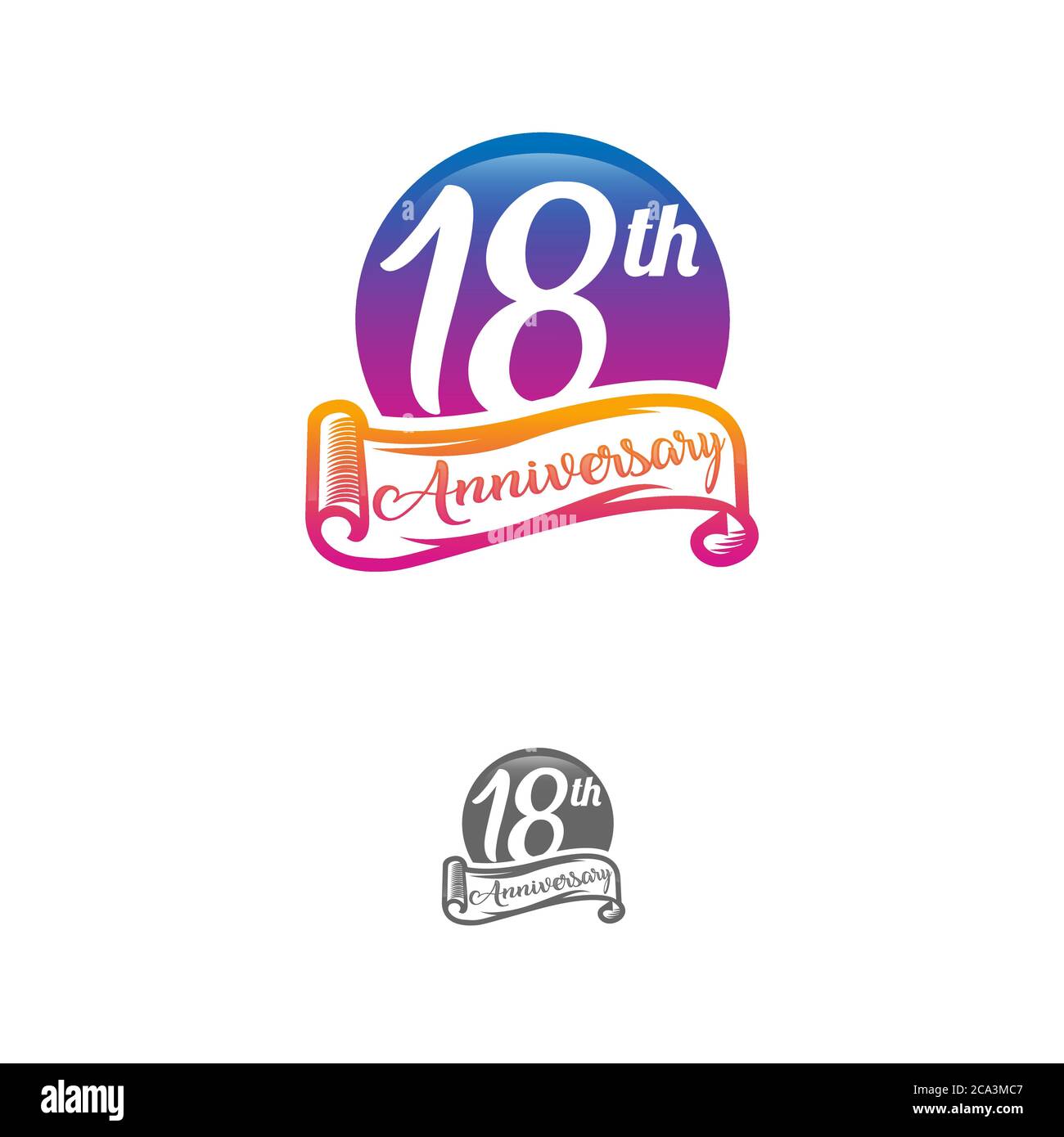 18 anni modello di logo anniversario isolato su bianco, nero e bianco timbro 18 ° anniversario etichetta icona con nastro Illustrazione Vettoriale
